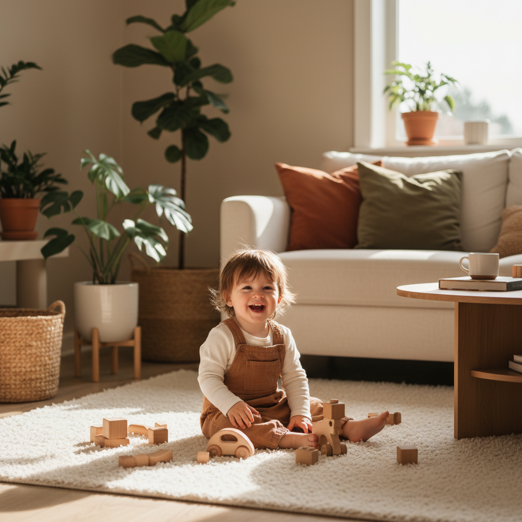 Happy toddler playing in cozy living room