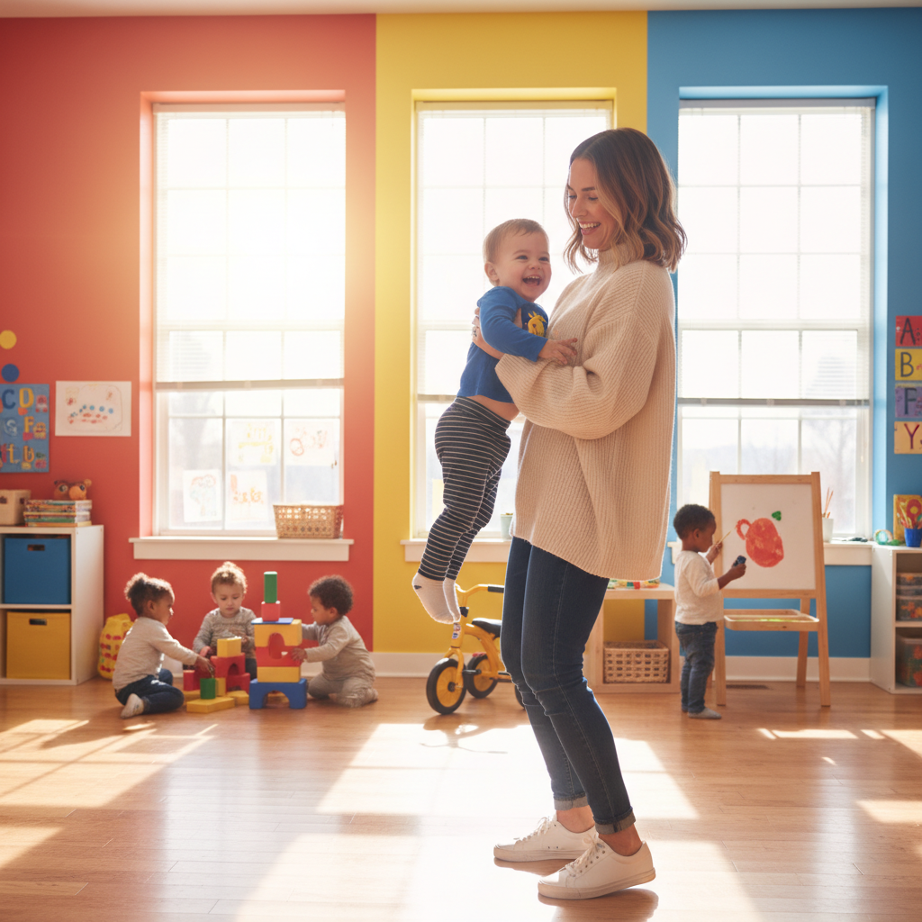 Mom picking up toddler at daycare
