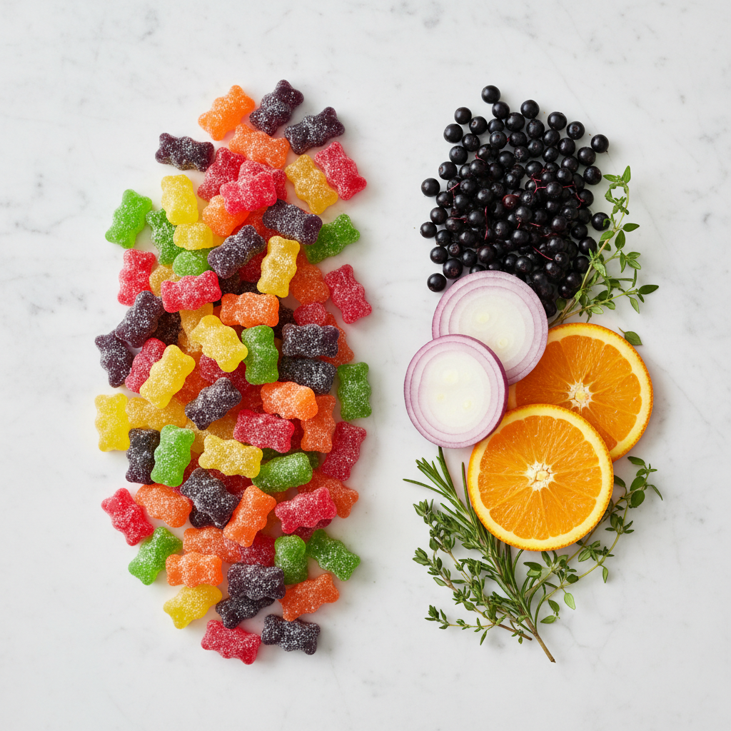 Gummy vitamins vs natural supplement ingredients side by side