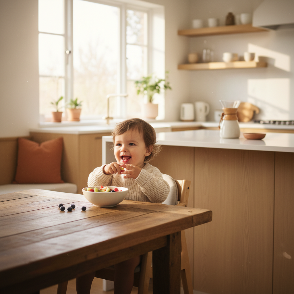 Toddler at breakfast in warm morning kitchen