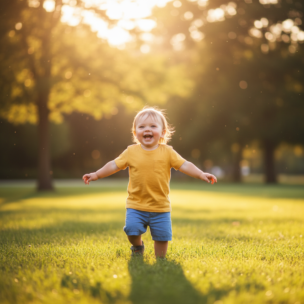 Energetic toddler running joyfully in a park