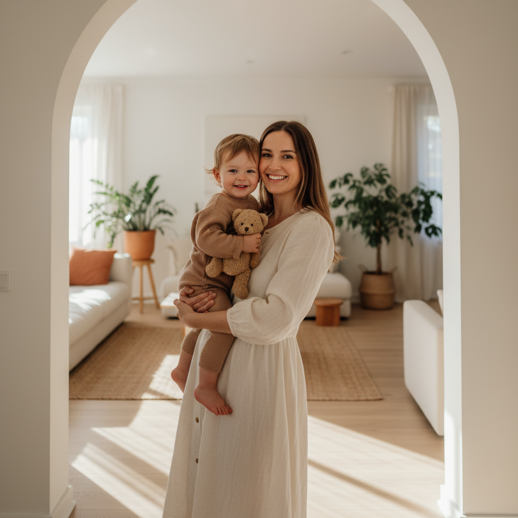 Mom holding toddler in warm sunlit doorway