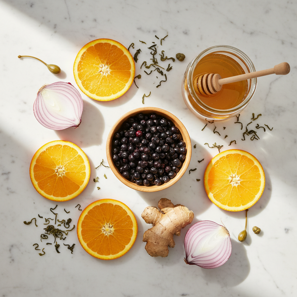 Natural ingredients flat lay showing quercetin sources