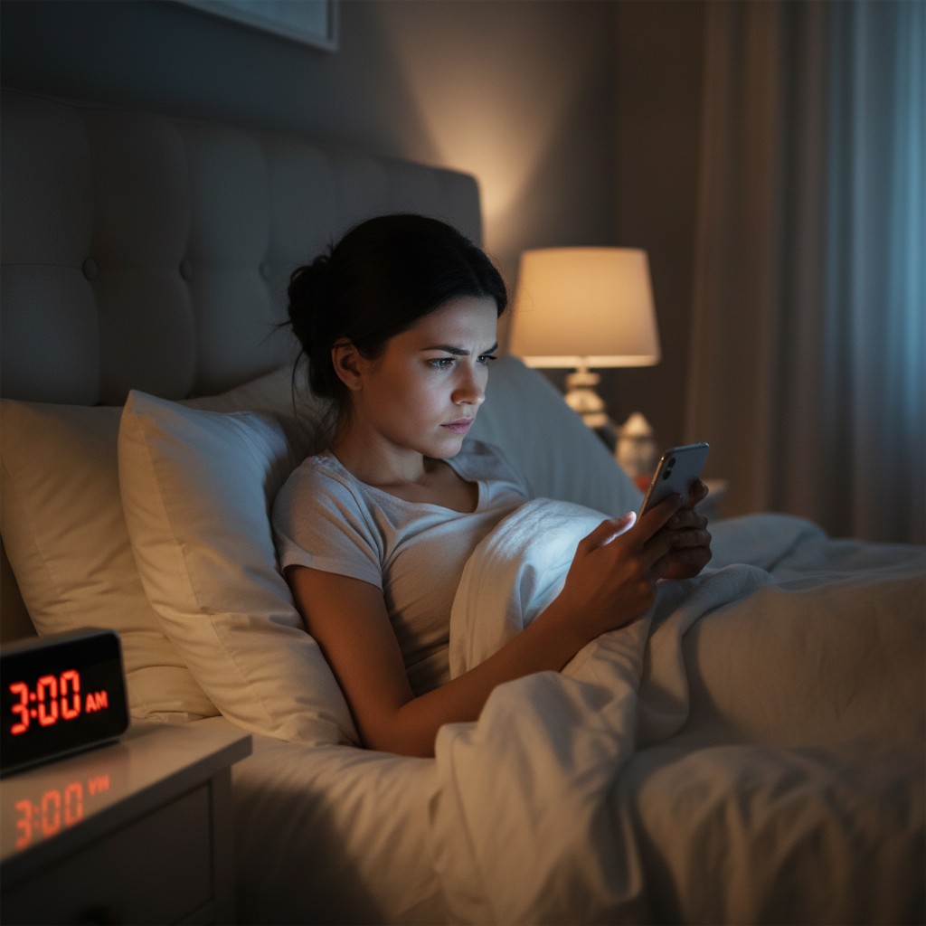 Mom researching on phone late at night