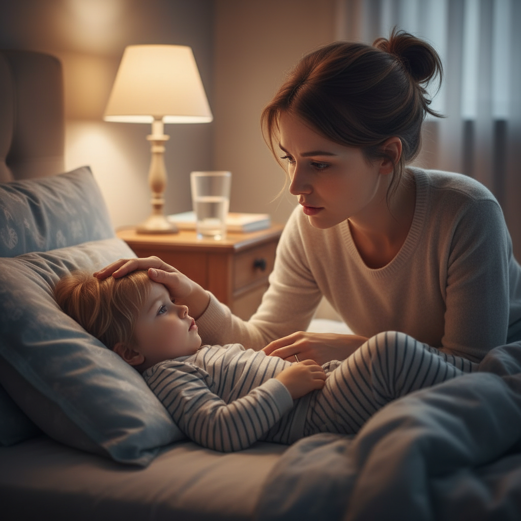 Mom checking toddler's forehead at night